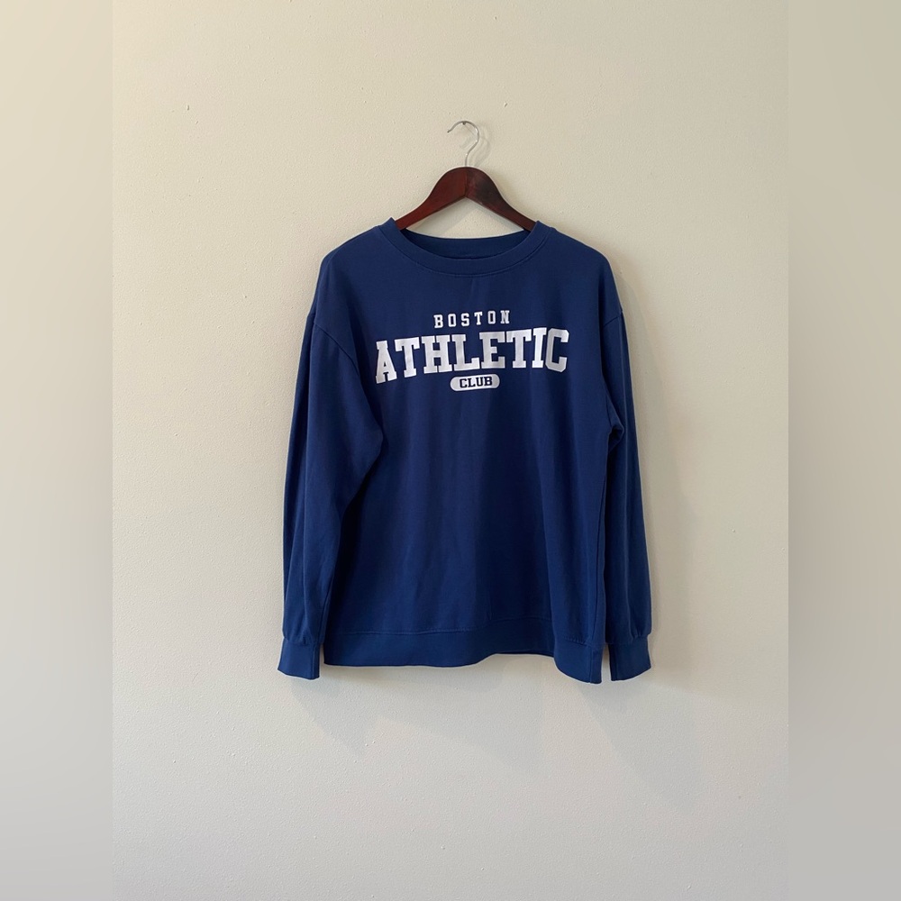 Boston Athletic Club Crewneck Sweater Large Cotton Navy Blue White Inner Fleece
